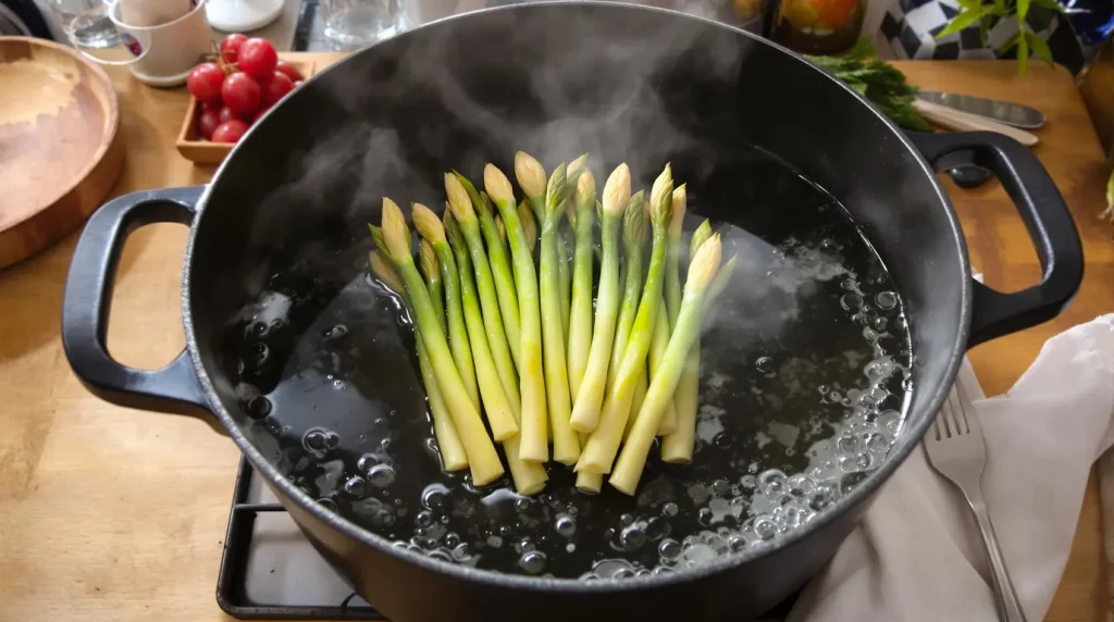 Les asperges sont enfin tendres de la pointe au pied grâce à cette cuisson verticale que peu de chefs connaissent